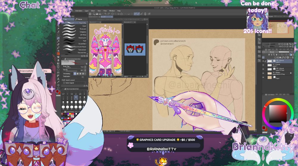 Screenshot of the cat fox witch vtuber Briannakitty in front of an open canvas in Clip Studio Paint, ready to go live on twitch