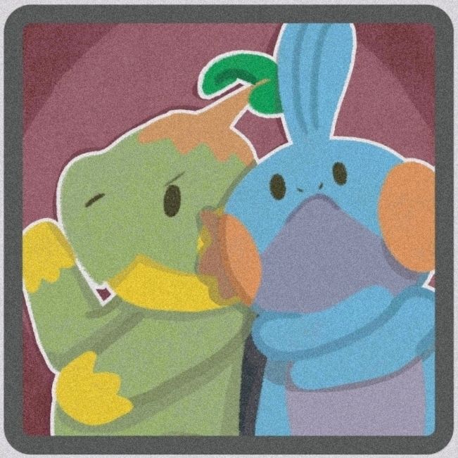 image of a digital drawing of a photo booth. In this image the pokémon turtwig and mudkip make funny poses for the camera