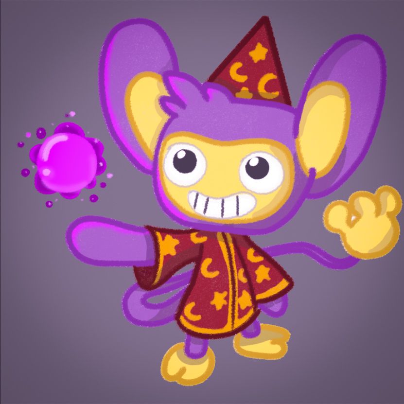 Digital drawing of the Pokémon Aipom wearing a wizard's outfit and conjuring a magic ball with his right hand.