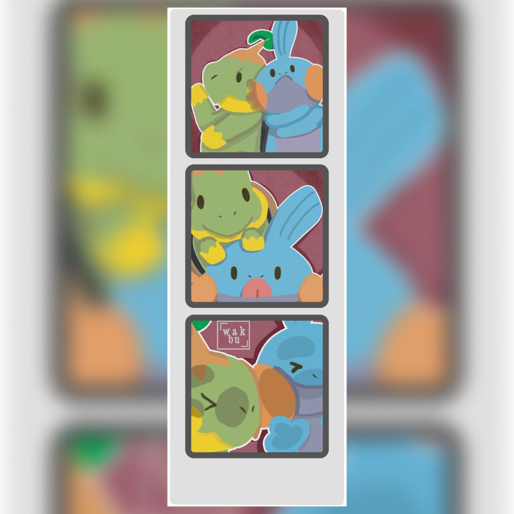 Image of a digital drawing of a photo booth. In this image the pokémon turtwig and mudkip make funny poses for the camera, there are 3 different images arranged vertically one on top of the other