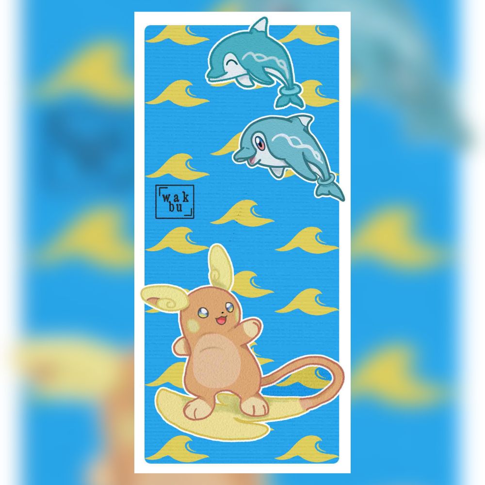 Drawing of the pokemon Alolan Raichu surfing its own tail with a couple of the pokemon finizen on the top of the image. 