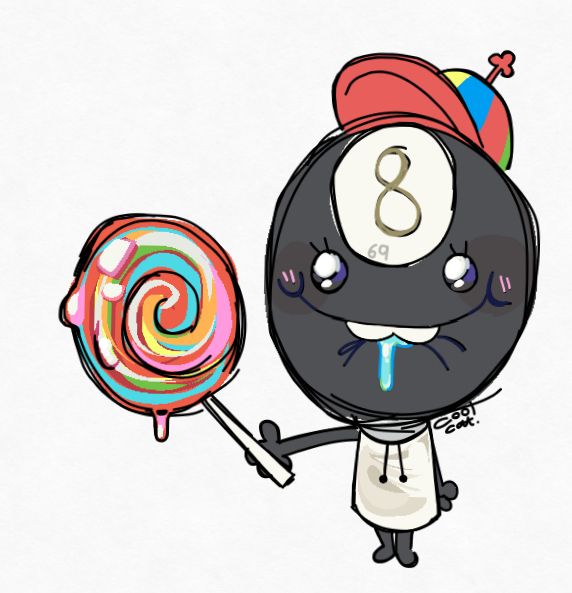 A rather idiotic looking child. A 8-ball I could even say! Salivating from the mouth while wearing a propeller hat and holding a comically large lollipop.