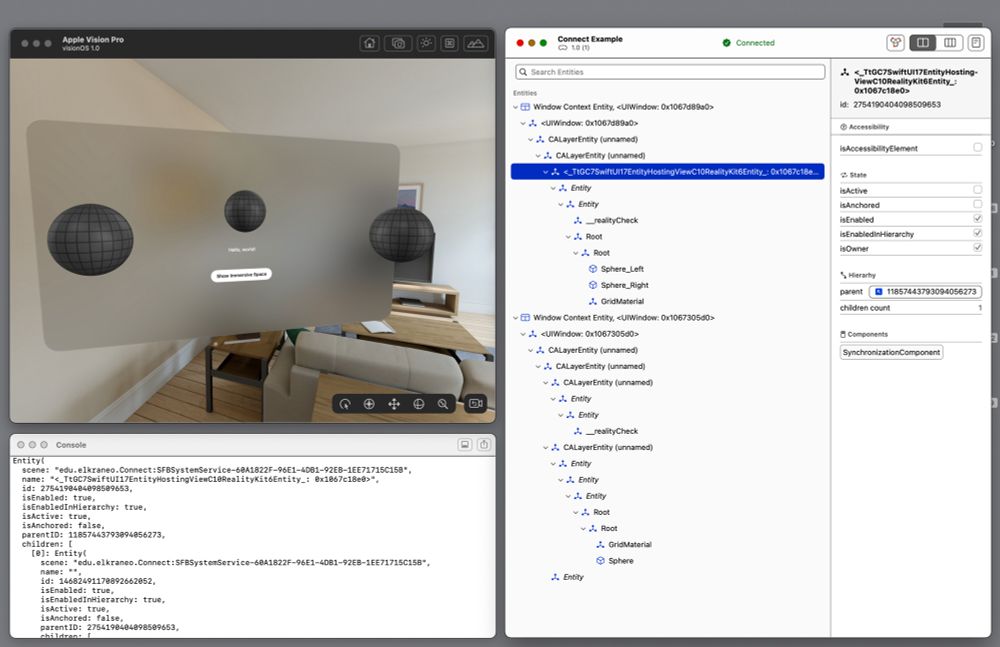 Screenshot of the latest iteration of RealityCheck with multi scene support, displaying an Entity without Transform component