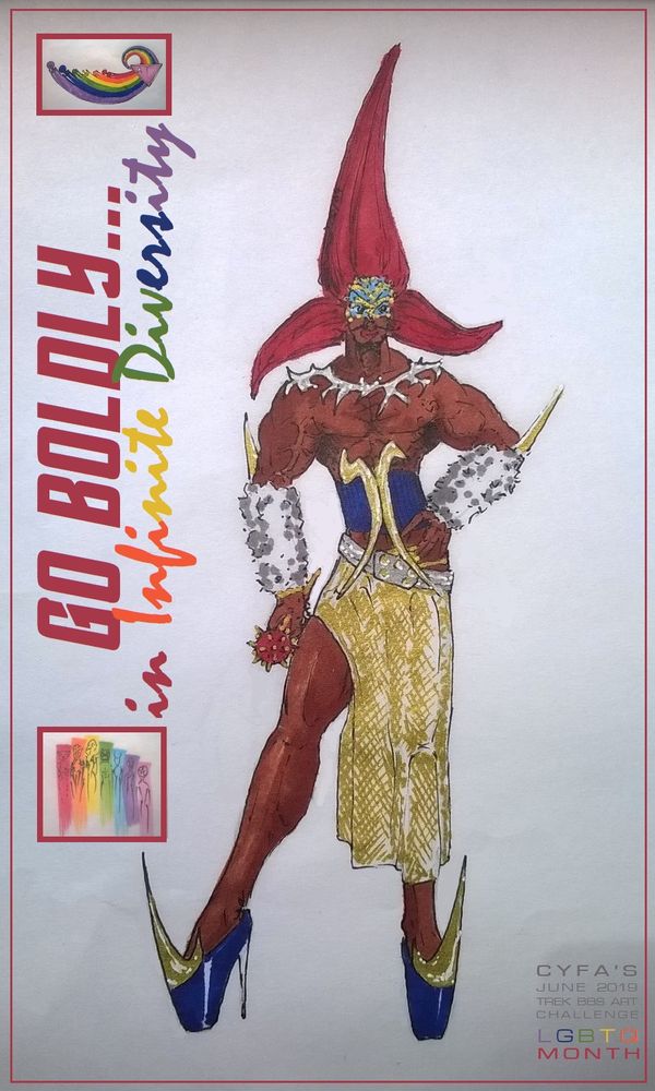 A tall, muscular dragKlingon posed with one hand on his hip (the other holds a spikey microphone).  His red hair is styled like the three-pointed emblem of the Klingon Empire and his head ridges are decorated with blue and gold make-up.  
He's wearing a thorny, silver necklace; grey-white fur sleeves on his forearms with a rear-pointing long, gold spike coming from each elbow; an indigo-blue bodice/corset with gold tusk fasteners (based on the one worn by Valkris in ST III: The Search For Spock); a traditional Klingon military belt which is holding up a gold mesh skirt slit to the upper thigh; and shiny indigo-blue platform stiletto heels with a big gold spike sticking up above each of his little toes.
On the left, the title "Go Boldly... in Infinite Diversity", is read vertically from bottom to top with rainbow logos at each end.