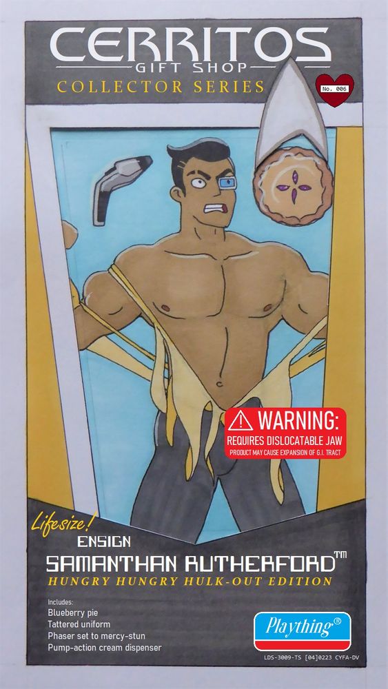Marker pen coloured drawing of Ensign Sam Rutherford (from Star Trek: Lower Decks) hulking out of his uniform top while in a life-size action-figure packaging box. Accessories include a blueberry pie, a phaser set to mercy-stun, and an unseen pump-action cream dispenser (which could be hidden behind a strategically placed warning sticker...).