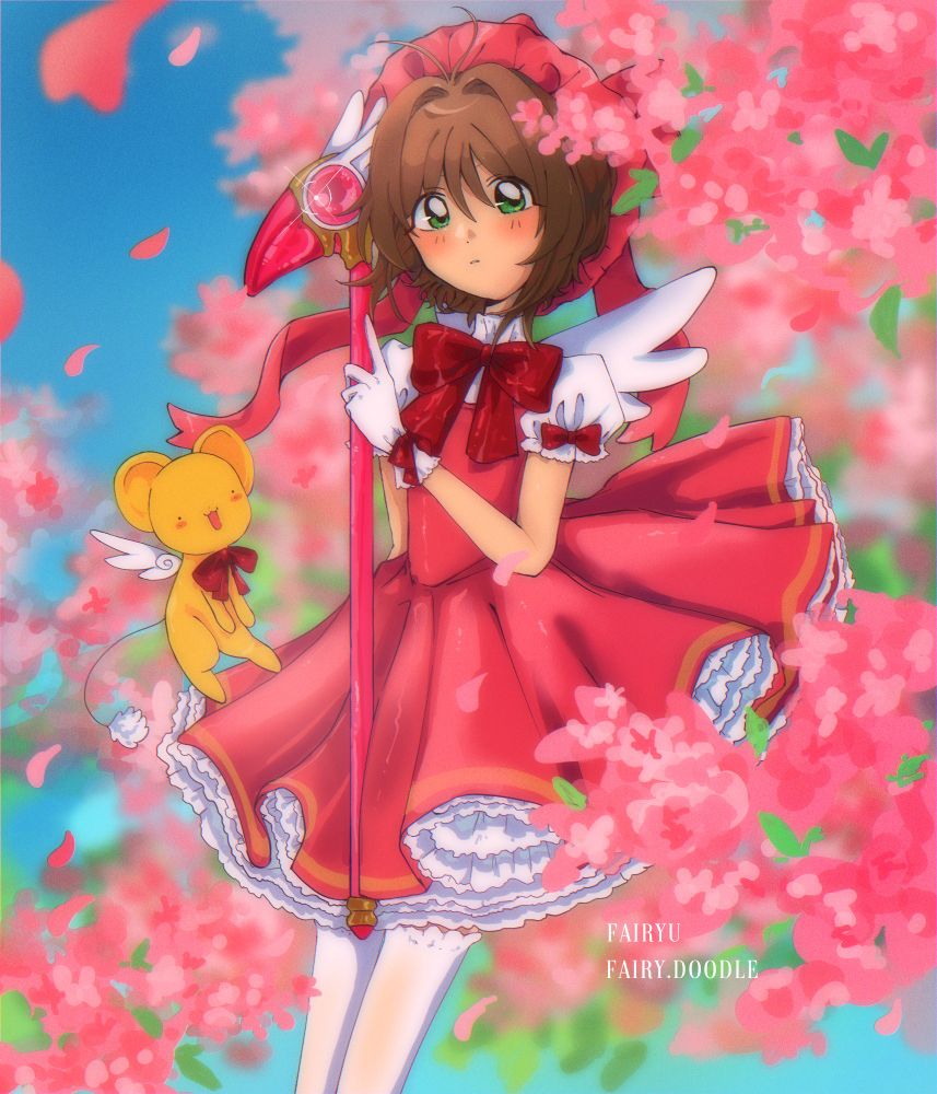 fanart of cardcaptor sakura in a pink frilly dress and beret, kero-chan in a little red ribbon flying next to her. Cherry blossoms flowing in the background and foreground with a blue sky behind 