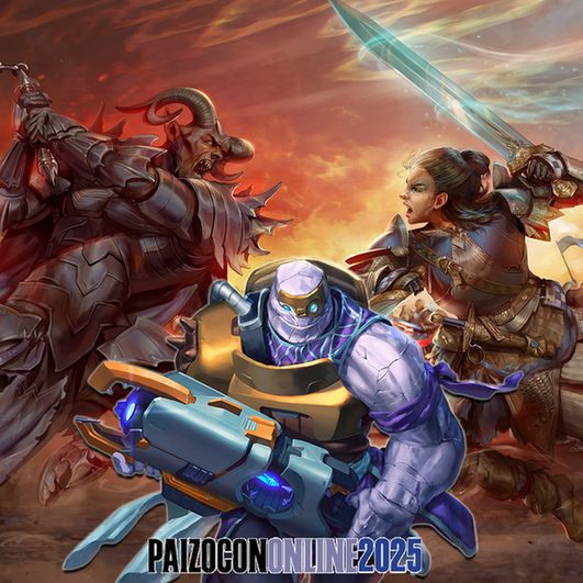 The key art for the Hellfire Crisis, featuring art of a soldier in Andoran armor fighting a devil. The PaizoCon golem and logo are superimposed on top.