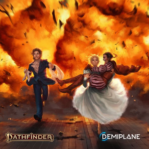A groom and bride flee an enormous burning explosion, the bride carrying another person in her arms as she runs while the groom carries her veil and shoes. In the bottom left corner of the image is the "Pathfinder" logo, and in the bottom right corner of the image is the "Demiplane" logo. 