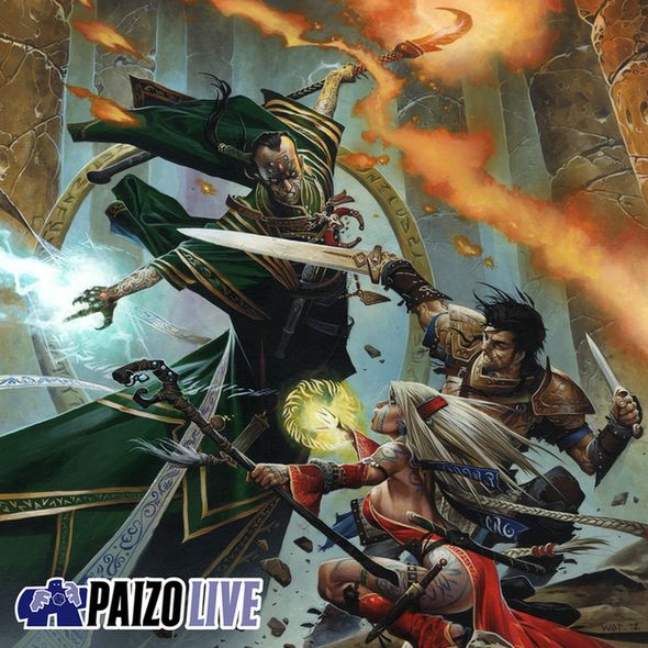 Karzoug, the Runelord of Greed, faces off in a whirl of fire against Feiya, the Pathfinder iconic human witch, and Valeros, the Pathfinder iconic human fighter, surrounded by shattering pillars and flying rocks. 