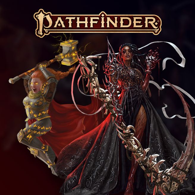Two women - a dwarf swinging an hammer and a human with a bone scythe - under the Pathfinder logo