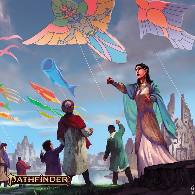 Citizens of Niswan take part in the Festival of Flights, flying beautiful kites in a blue and slightly cloudy sky. In the bottom left corner of the image is the "Pathfinder" logo. 