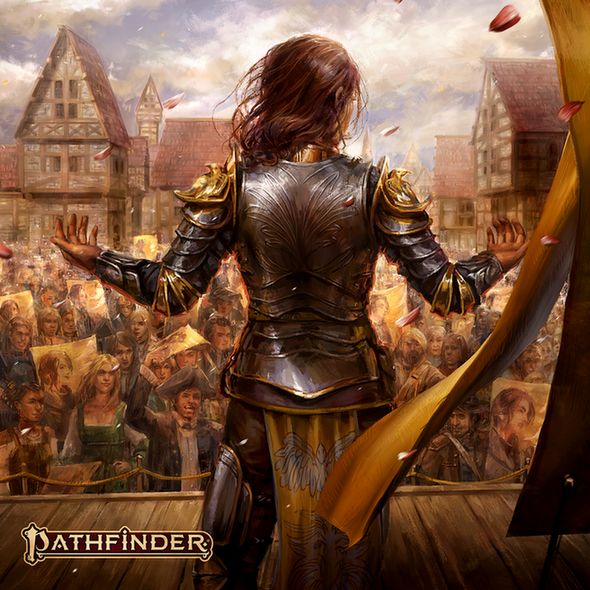 Andira Murasek, Supreme Elect of Andoran, is standing with her back to the front of the image, addressing her subjects from a large wooden stage in the middle of a town square with her arms wide at either side. There is a yellow banner on the right billowing behind her, and red flower petals falling from the sky. In the bottom left corner of the image is the "Pathfinder" logo.