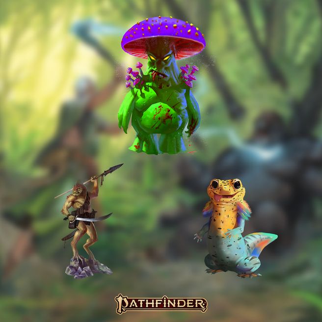 Three monsters, the Myceloid, Xulgath Skirmisher, and the Shimmernewt are posed in front of a blurry background of a green forest.
