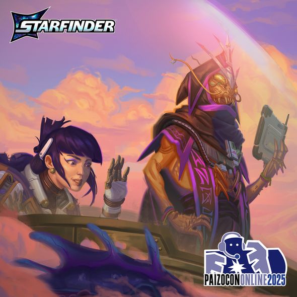 Navasi, the Starfinder iconic human envoy, and Chk Chk, the Starfinder iconic shirren mystic, stand in front of the thick glass pane of a space ship among the clouds of a mysterious planet, looking down in wonder. In the top left of the image is the, "Starfinder" logo, and in the bottom right of the image is the, "PaizoCon Online 2025" logo. 