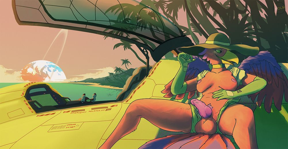 An intersex avian lays back against the open cockpit of her spaceship. Her outfit is unzipped and her breasts, nipples, penis and balls are exposed. She's in a relaxed posture with the background being an otherworldly beach setting