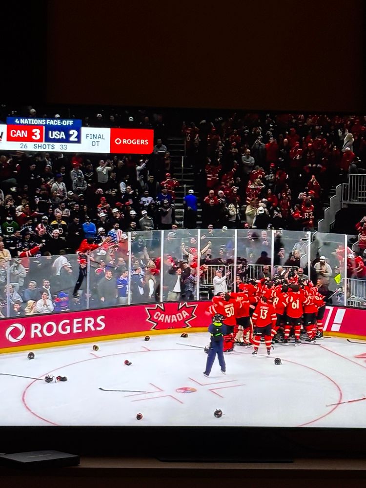 Image of TV screen showing Team Canada victory huddle after overtime win