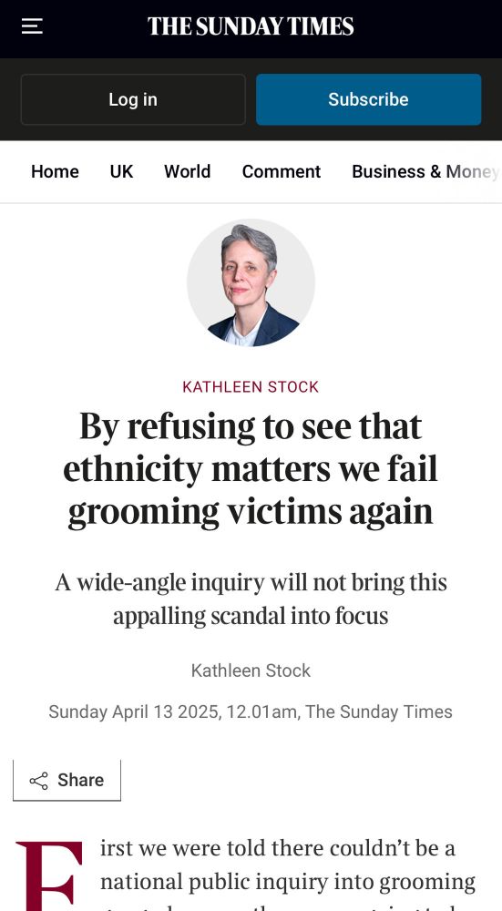 Sunday Times op-ed by transphobe Kathleen Stock wanging on about ethnicity being a crucial driver of grooming. 
