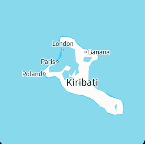 A map of the Kiribati island nation, showing place names London, Paris, Poland, and Banana.
