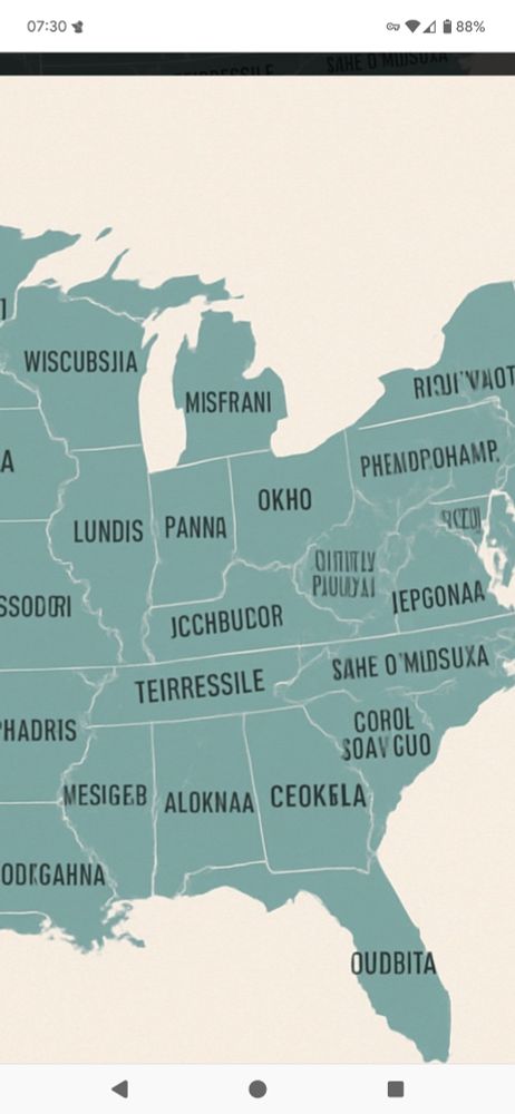 AI generated map of the US where all the midwest, central and eastern states names are extremely, terribly wrong. ALOKNAA. COROL SOAVGUO. OUDBITA 