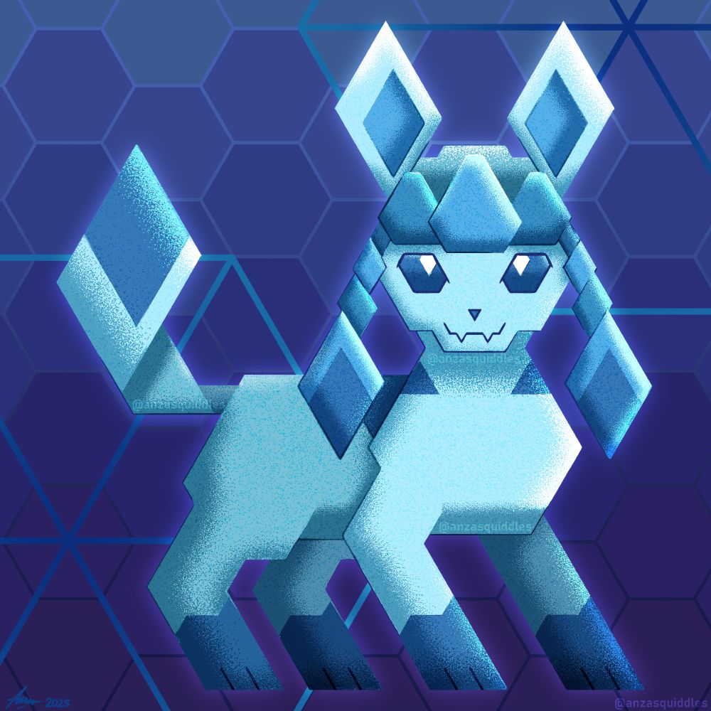 Glaceon drawn in a triangular/hexagonal pattern distinctive of ice crystals, and colored and shaded in such a way that resembles frosted glass.