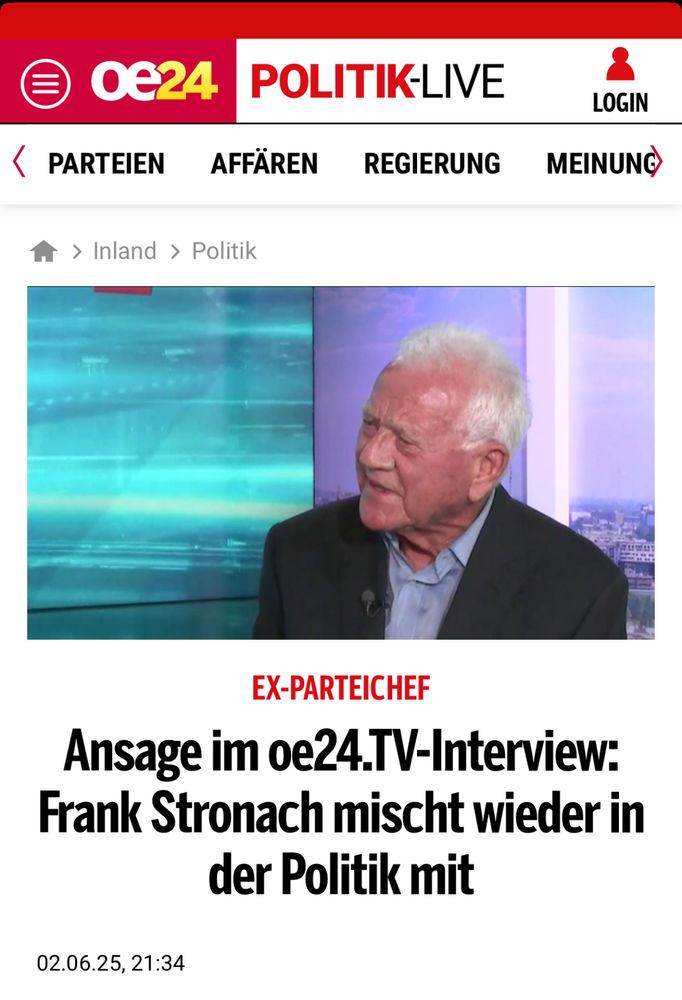 Screenshot von Oe24 vom 2.6. abends mit Frank Stronach Stohsack - mit folgender Schlagzeile: ansage im OE 24.tv Interview: Frank Stronach mischt wieder in der Politik mit
