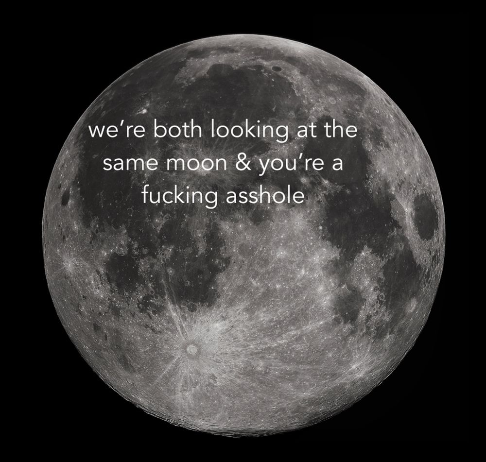 Photo of the moon with text saying “we’re both looking at the same moon & you’re a fucking asshole.”
