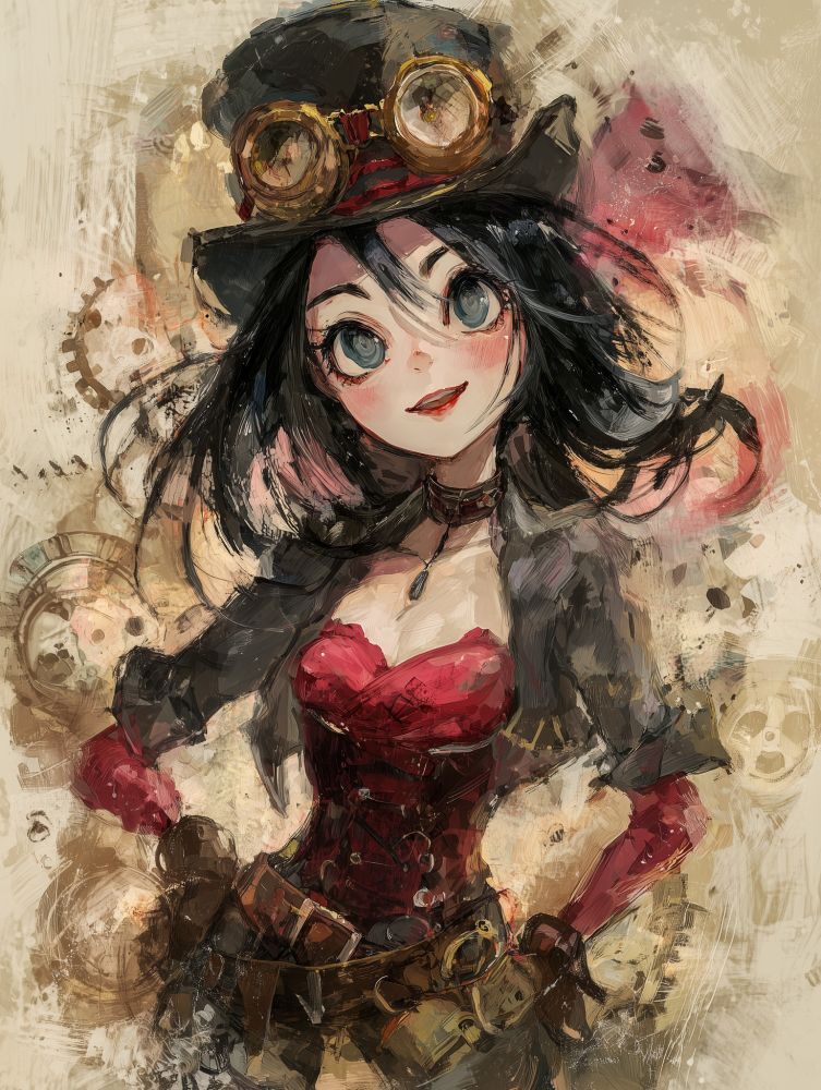 A vibrant steampunk-inspired digital painting of a young woman with large, expressive teal-blue eyes and a confident smile. Her dark hair flows wildly beneath a classic top hat adorned with golden goggles and red accents. She wears a crimson corset with intricate lacing and a black cropped jacket, exuding both elegance and edge. A choker with a pendant graces her neck, and a utility belt lined with brass tools and pouches wraps around her waist. Behind her, faded gears and clockwork designs blend into the painterly, textured background. The overall aesthetic fuses anime charm with retro-futuristic flair, celebrating invention and individuality.
Keywords:
steampunk girl, anime steampunk, brass goggles, corset fashion, retro futurism, gear background, inventive heroine, digital painting, toolbelt chic, vibrant brushwork, clockwork theme, confident smile

Created using Midjourney and my Echoform™ prompt structure. The original render was saved as a JPEG in Lightroom to optimize file size. This is a complete, unedited image. Use is permitted for non-commercial creative projects.