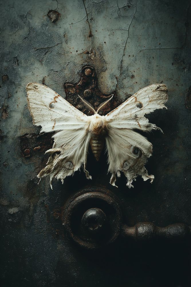 A close-up photograph of a pale, tattered moth resting on a rusted metal surface. The moth’s wings are frayed and speckled with brown marks, their edges torn like ancient parchment. Its body, soft and furry, contrasts against the rough, cold iron beneath it. The metal background is dark and weathered, mottled with corrosion, scratches, and flecks of faded paint. Just below the moth lies an old circular iron fixture, perhaps a handle or latch, covered in deep rust. Light falls softly from above, illuminating the moth’s wings in a faint, ghostly glow while leaving the surrounding surface in shadow. The overall mood is somber and contemplative—an image caught between beauty and decay, echoing themes of entropy and endurance.

Keywords:
moth, rust, decay, macro photography, texture, entomology, corrosion, metal surface, stillness, nature and time, patina, fragility

Created with MidJourney using my Echoform™ prompt structure. Resolution and other adjustments made using Lightroom. Clearly identified as AI-generated; use is permitted for non-commercial creative projects.