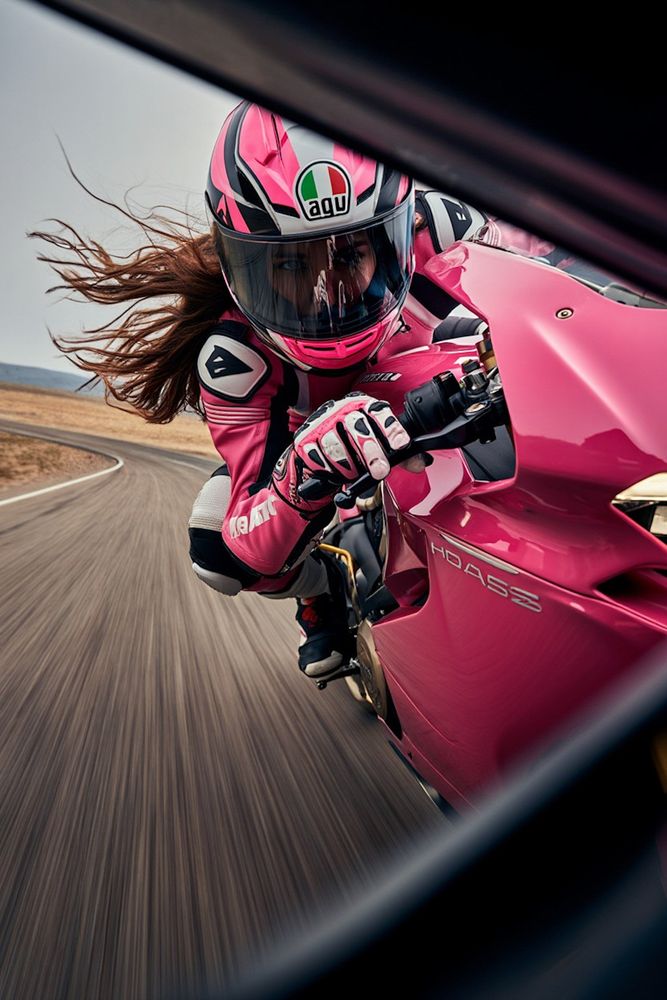 A young woman captured mid-ride from a GoPro-style wide-angle perspective, leaning hard into a left-hand turn on a candy pink Ducati Panigale V2. She wears full matching pink Heroic Racing leathers with white and black detailing, pink gloves, and an AGV helmet with bold black stripes and the Italian tricolor logo. Her long brown hair flows behind her in the wind. The background is motion-blurred asphalt and arid landscape, heightening the sense of velocity and immersive action. The shot is raw, dynamic, and full of kinetic energy.

Generated via REVE's layered text prompt functionality, the initial render underwent resolution enhancement in Lightroom and subsequent conversion to .jpg format.  The final image showcases the deliberate design and iterative refinement of the prompt.  Distribution is unrestricted for non-commercial creative applications.