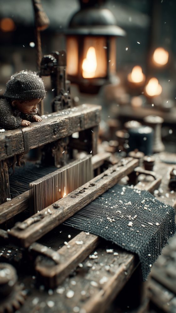 A small, childlike figure is positioned at the left side of a wooden loom inside a dim workshop. The figure’s head is lowered, resting near its hands, which lie close to a dense row of vertical threads stretched tightly through the loom’s frame. It wears a coarse knit cap pulled low and simple, dark clothing, both lightly dusted with pale flecks that resemble snow or loose fibers. The loom is constructed from thick, weathered wooden beams, marked by cracks, grain lines, and iron fittings that hold the structure together. A length of dark woven fabric extends outward toward the viewer, its surface rough and uneven, with a slightly frayed edge curling downward. Warm oil lanterns hang in the background, their flames glowing softly and blurring into golden halos against the surrounding shadows. Beyond them, the workshop fades into indistinct shapes of wood, tools, and structural supports. Fine particles drift slowly through the air, catching the lamplight and giving the space a hushed, wintry stillness. The scene feels enclosed and intimate, defined by muted colors, gentle illumination, and the quiet persistence of solitary craft.

Keywords
loom, handwoven fabric, lantern light, winter workshop, solitary labor, wood and iron, quiet craft, patience, stillness, texture

Attribution line
Clearly identified as AI-generated; use is permitted for non-commercial creative projects. MidJourney, FLUX.1-schnell model via Perchance, Artspace.ai, REVE, Echoform™.