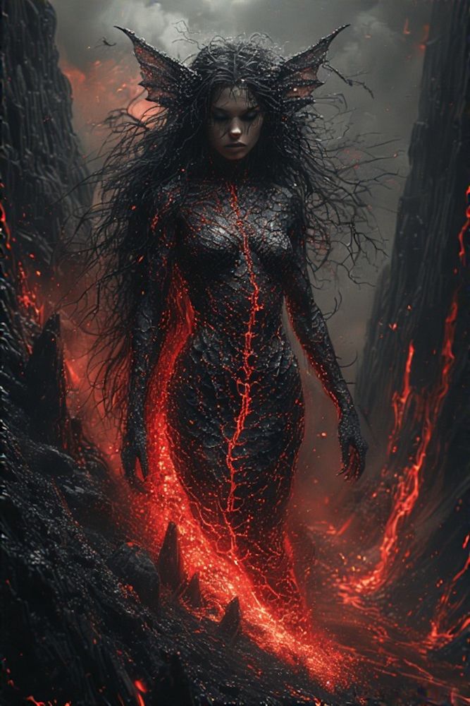 A powerful, otherworldly female figure with molten, lava-like skin walks through a jagged volcanic canyon. Her body appears to be made of cracked obsidian with glowing red magma seeping through the fissures. Long, tangled black hair flows like smoke, and sharp, demonic fins protrude from the sides of her head. Her expression is calm but intense, as if she commands the fury of the earth itself. Rivers of glowing lava surround her, creating a hellish, elemental scene of mythic fire and darkness.

This image was generated using an open-source model (based on FLUX.1-schnell) via perchance.org, employing a layered text prompt.  Post-processing in Lightroom increased resolution, and the final JPEG reflects deliberate prompt engineering and refinement.  Distribution is for non-commercial creative use only.