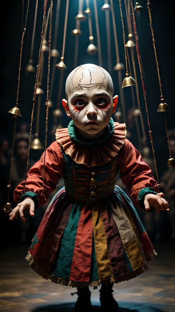 A gothic, surreal digital painting of a jester standing beneath tangled marionette strings inside an old puppet theater. The jester’s face is pale and porcelain-like, with visible cracks and faded painted features, evoking a fragile, haunted expression. He wears a patchwork costume of velvet and metallic fabrics, in deep red, muted gold, and shadowy black, with tiny bells that catch the eerie light. The background is theatrical and shadow-rich, with oversized curtains that ripple as if breathing, and faint ghostly shapes watching from the wings. The lighting is dramatic and dreamlike, blending surreal ambiance with unsettling charm.