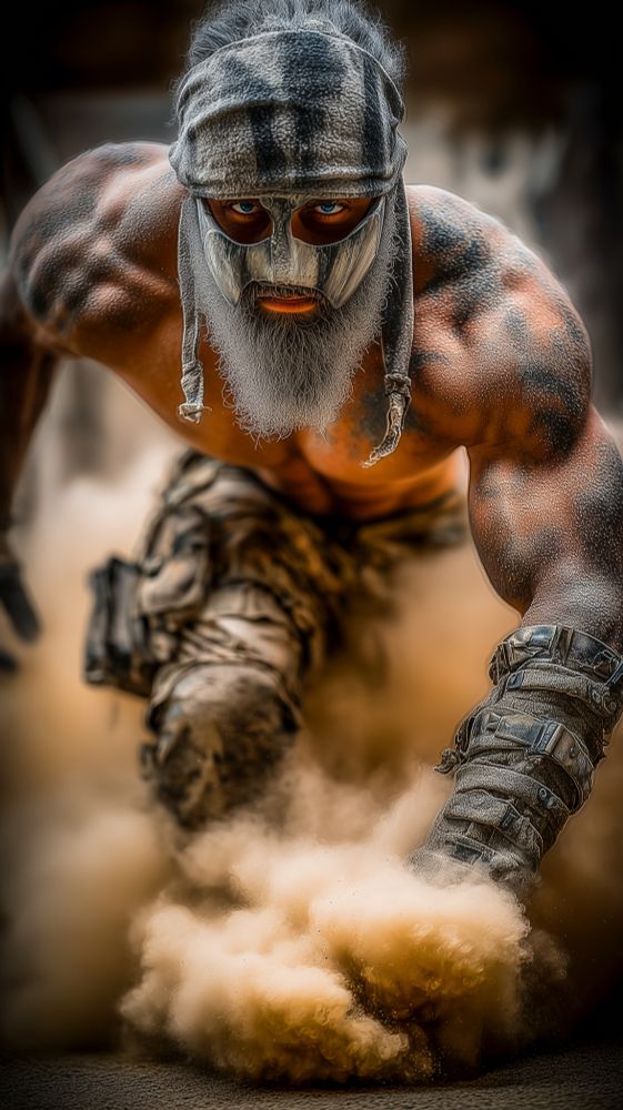 A muscular warrior charges forward on all fours through a cloud of rising dust. His skin is coated in fine grit, emphasizing the tension and definition of his arms and shoulders. He wears a metal mask that covers the upper half of his face, shaped with angular lines that frame his intense, bright eyes. A weathered head covering, wrapped like cloth armor, drapes over his head and falls to either side. His long, graying beard spills out beneath the mask. He is dressed in rugged, worn tactical pants secured with straps and gear, suggesting a harsh, survivalist environment. Dust billows around his legs and hands as he pushes forward, blurring into warm tones of gold and brown. The background is indistinct, softened by haze, placing full focus on the figure’s raw force and momentum. The scene feels primal, urgent, and mythic, as though he were an omen tearing through the desert.

Keywords
wasteland warrior, masked figure, dust storm, primal motion, intense gaze, gritty survivalist, atmospheric action, rugged terrain, mythic confrontation, raw momentum

Attribution
Clearly identified as AI-generated; use is permitted for non-commercial creative projects. MidJourney, FLUX.1-schnell model via Perchance, Artspace.ai, REVE, Echoform™.