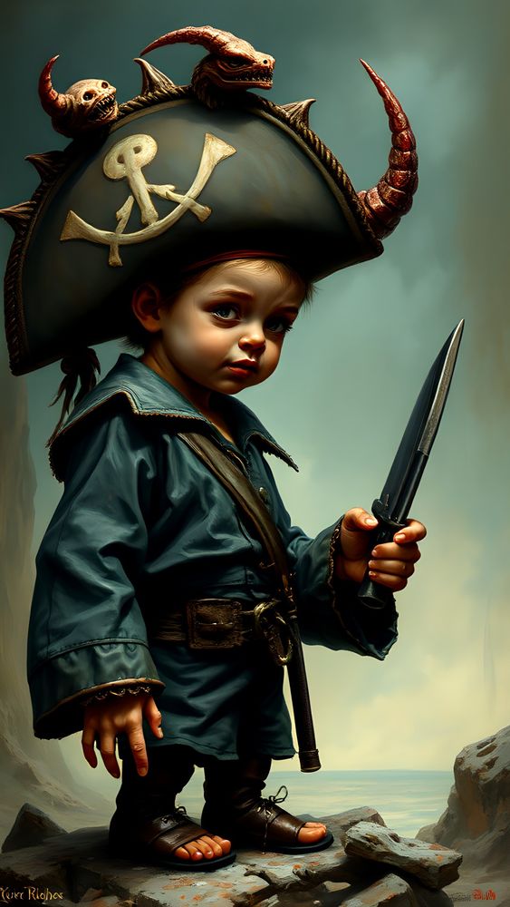 A small child dressed as a pirate stands on rocky terrain, gripping a dagger with one hand and gazing with a serious, almost sad expression. The child wears an oversized pirate coat and a large tricorn hat adorned with strange, horned creatures and a stylized skull-and-crossbones symbol. The background suggests a windswept cliffside by the sea under a gloomy sky. The blend of realistic textures and surreal fantasy elements gives the image a whimsical yet eerie tone.