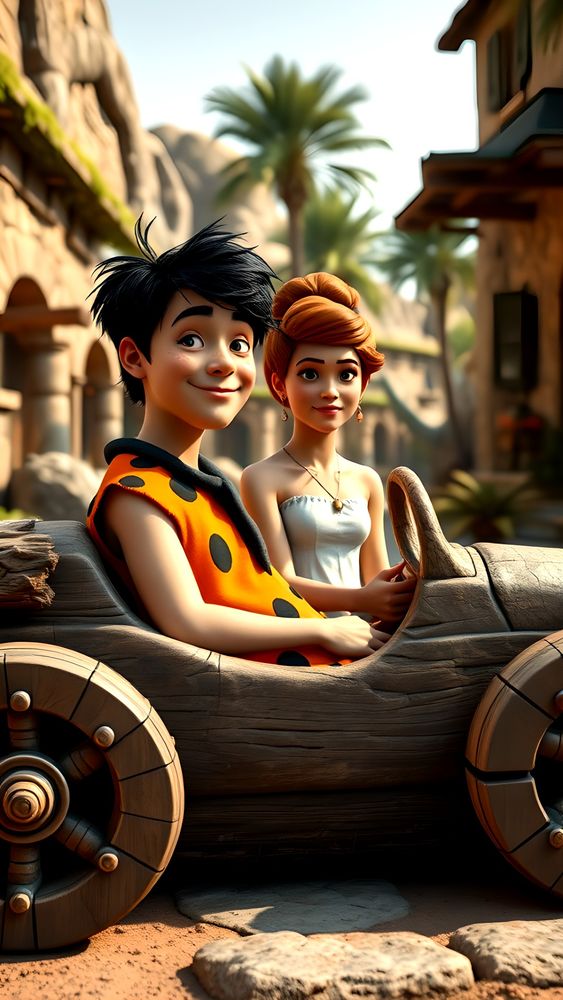 A charming animated-style scene featuring a young couple in a prehistoric setting, seated in a stylized wooden car with stone wheels. The boy wears an orange and black spotted tunic reminiscent of Fred Flintstone, while the girl is dressed in a white strapless dress with earrings and a necklace. Both have soft, expressive features and are smiling warmly. The background includes palm trees, rocky architecture, and sunny skies, creating a cheerful, Stone Age-inspired atmosphere that blends modern 3D animation aesthetics with vintage cartoon charm.