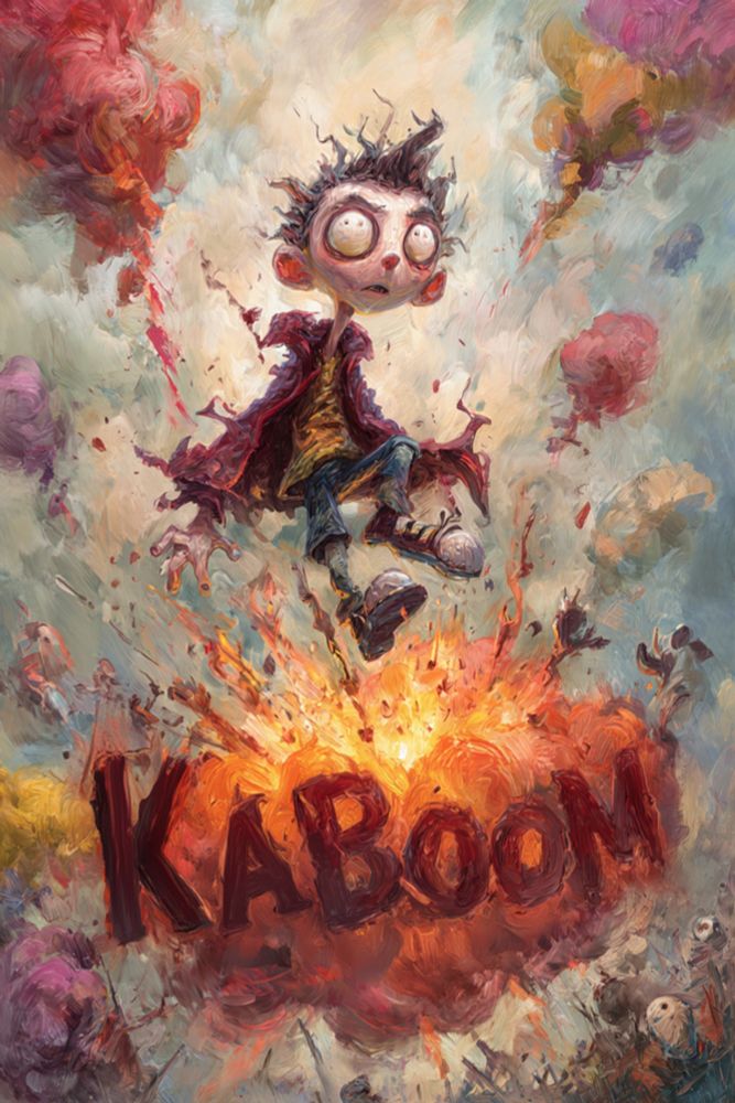A surreal, painterly scene depicts a wide-eyed cartoon boy caught midair in an explosion that spells the word “KABOOM” in fiery, smoke-filled letters. The blast erupts in a swirl of molten orange and gold, sending shockwaves through clouds of pastel smoke that bloom outward like strange, candy-colored thunderheads. The boy, dressed in a tattered red coat, yellow shirt, and mismatched sneakers, is launched skyward, his hair frizzed and his limbs flailing in comic disbelief. His enormous, spiraling eyes and slack jaw suggest a mix of shock and awe, as if he’s only now realizing the consequences of his latest experiment gone wrong. Around him, the air churns with motion — paint strokes twisting into vapor and debris, the whole image pulsing with kinetic energy and whimsical chaos. The style evokes a textured oil painting, balancing childlike wonder and explosive absurdity.

Keywords:
explosion, surreal, cartoon boy, dynamic motion, painterly style, chaos, humor, smoke, fantasy art, bright colors, expressive, whimsy

Clearly identified as AI-generated; use is permitted for non-commercial creative projects.