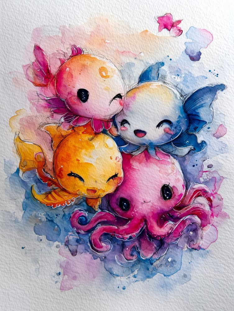 A cheerful watercolor painting of four adorable sea creatures rendered in a soft, whimsical style on textured white paper. The scene features three round, cartoon-like fish in shades of orange, yellow, and blue, each with big, expressive eyes and playful smiles. They cuddle together with a vibrant pink baby octopus whose curly tentacles wrap affectionately around its friends. Soft splashes of watercolor in pastel pinks, purples, and blues form a dreamy background with tiny bubbles and floral shapes drifting around. The overall composition feels light, joyful, and tender, capturing the innocence of friendship beneath the waves.
Keywords:
kawaii sea creatures, watercolor art, cute ocean animals, baby octopus, happy fish, pastel palette, underwater friendship, dreamy illustration, tiny friends, adorable marine life, joyful watercolor, childlike wonder

Created using Midjourney and my Echoform™ prompt structure. The original render was saved as a JPEG in Lightroom to optimize file size. This is a complete, unedited image. Use is permitted for non-commercial creative projects.