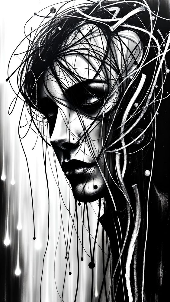A striking black-and-white portrait of a woman's face, partially obscured by chaotic strands of lines and dripping ink. Her eyes are shadowed, heavy with an almost haunted expression, as if she is trapped within the tangled mess surrounding her. The background blends into abstract streaks of white and black, resembling falling rain or melting light, adding to the surreal and dystopian atmosphere.