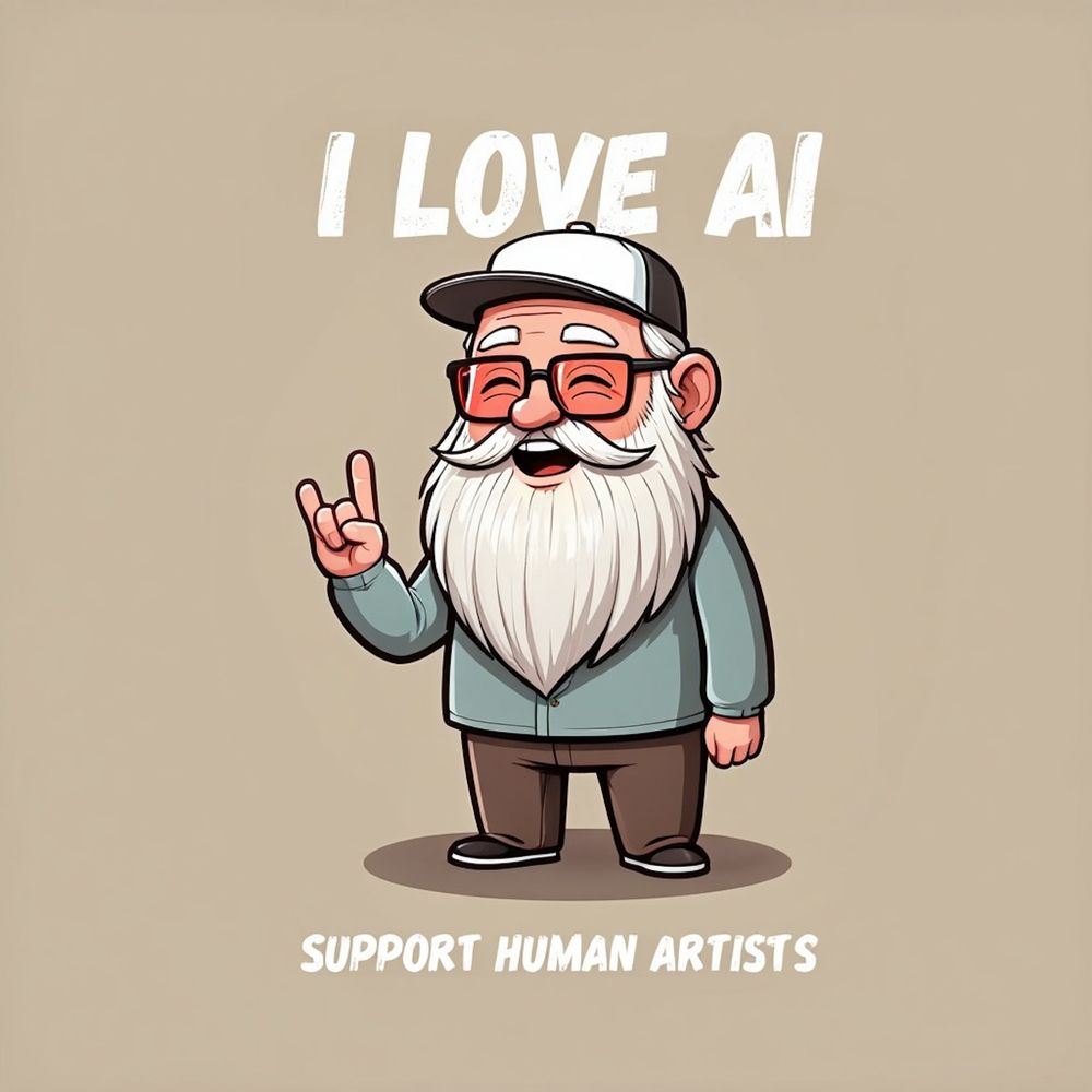 A cartoon-style illustration of an elderly man with a large white beard, red glasses, a baseball cap, and a friendly expression. He's smiling and holding up a "rock on" hand sign. Above him, bold white text reads "I LOVE AI" and below him, smaller text says "SUPPORT HUMAN ARTISTS." The background is a plain beige tone, and the image humorously juxtaposes AI enthusiasm with advocacy for traditional art.

Created in REVE using a layered text prompt. The original render upscaled in Lightroom for enhanced resolution and converted to .jpg. The final composition reflects intentional prompt design and refinement. Shared freely for creative enjoyment — not for commercial use.