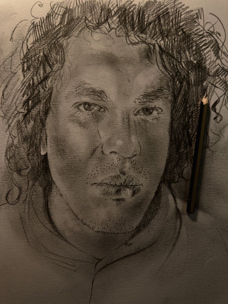 Sketch of 30 year old man with curly hair 