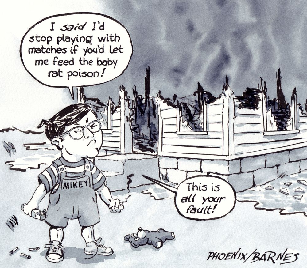 Political cartoon by Columbine Phoenix and E. J. Barnes, "Matchbox Mikey." A small child in coveralls, with the head of Speaker of the House Mike Johnson, stands holding a box of matches in one hand and a burnt-out match in the other. Other matches lie scattered on the ground. In the mid-background is a burnt house with smoke rising up. Matchbox Mikey says: "I SAID I'd stop playing with matches if you'd let me feed the baby rat poison!" and "This is ALL YOUR FAULT!"