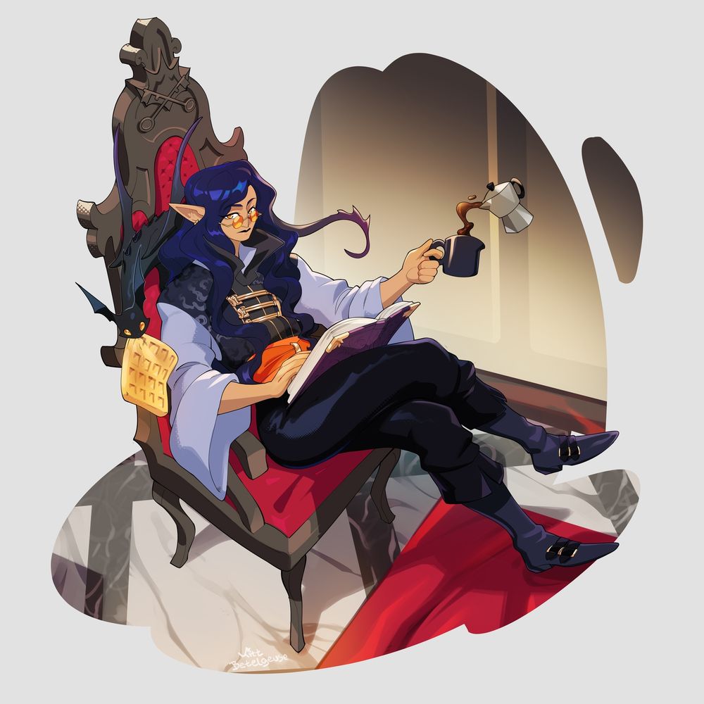 Some sort of mysterious elf-like person in expensive clothes, reading a book and drinking coffee, accompanied by a minuscule dragon that is eating a waffle. All depicted in a diorama-like slice similar to a Gacha illustration