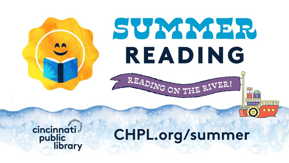 Summer Reading sun logo and a boat on a river.