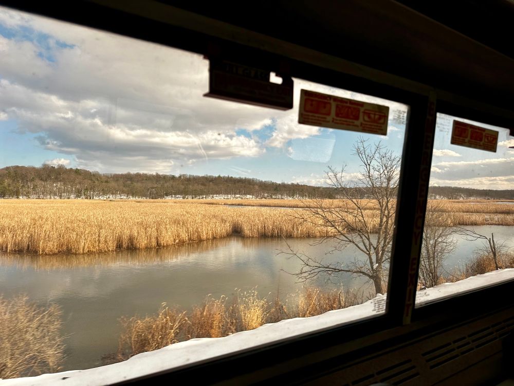 Scene from Amtrak NYC-Albany route. Blue skies with snow on the ground as the train passes over a marsh (??) 