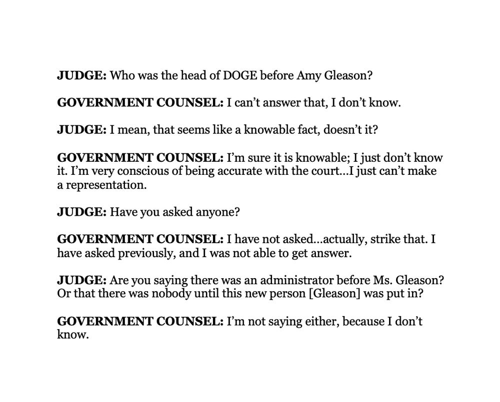 JUDGE: Who was the head of DOGE before Amy Gleason? 

GOVERNMENT COUNSEL: I can’t answer that, I don’t know. 

JUDGE: I mean, that seems like a knowable fact, doesn’t it? 

GOVERNMENT COUNSEL: I’m sure it is knowable; I just don’t know it. I’m very conscious of being accurate with the court…I just can’t make a representation. 

JUDGE: Have you asked anyone? 

GOVERNMENT COUNSEL: I have not asked…actually, strike that. I have asked previously, and I was not able to get answer.

JUDGE: Are you saying there was an administrator before Ms. Gleason? Or that there was nobody until this new person [Gleason] was put in? 

GOVERNMENT COUNSEL: I’m not saying either, because I don’t know. 

