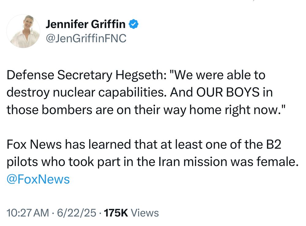 Defense Secretary Hegseth: "We were able to destroy nuclear capabilities. And OUR BOYS in those bombers are on their way home right now."

Fox News has learned that at least one of the B2 pilots who took part in the Iran mission was female.
@FoxNews