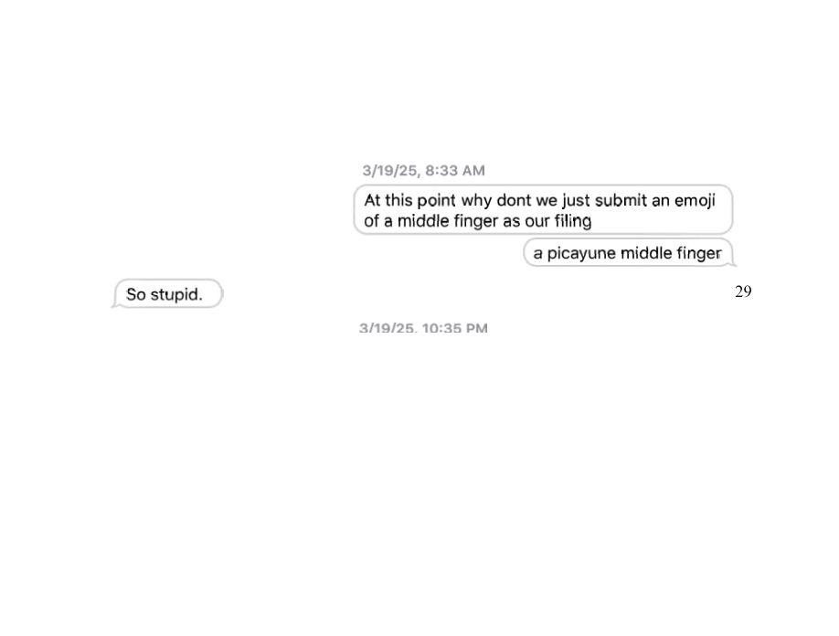 Text: "At this point why dont we just submit an emoji
of a middle finger as our filing"