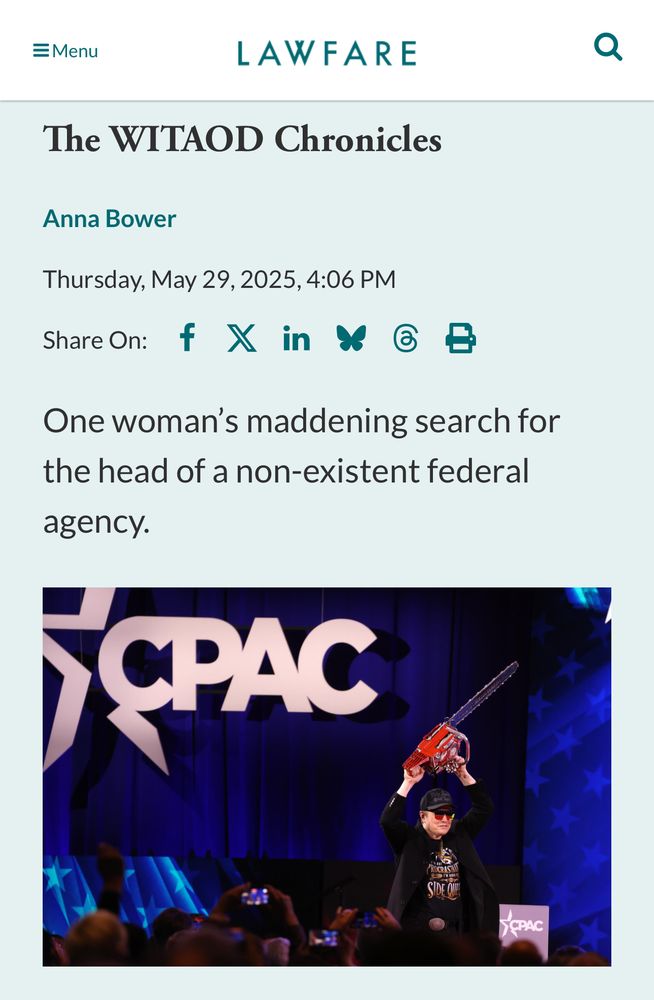 The WITAOD Chronicles
Anna Bower
Thursday, May 29, 2025, 4:06 PM
Share On: f X in $
One woman's maddening search for the head of a non-existent federal
agency.