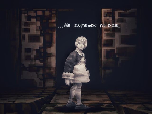 Screenshot of a kid in gray tones against the sepia surroundings, thinking: "He intends to die."