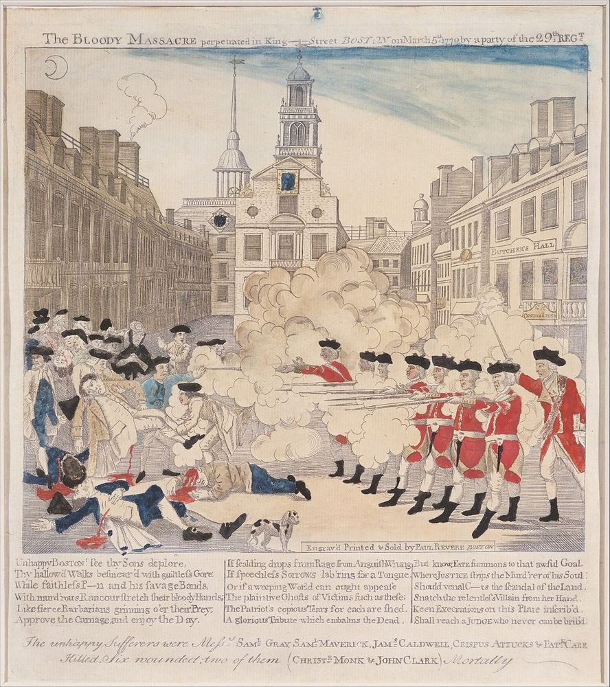 Illustration of the Boston Massacre in which British soldiers shot and killed several American protesters. The incident was one of the most significant catalyzing events leading to the American Revolution